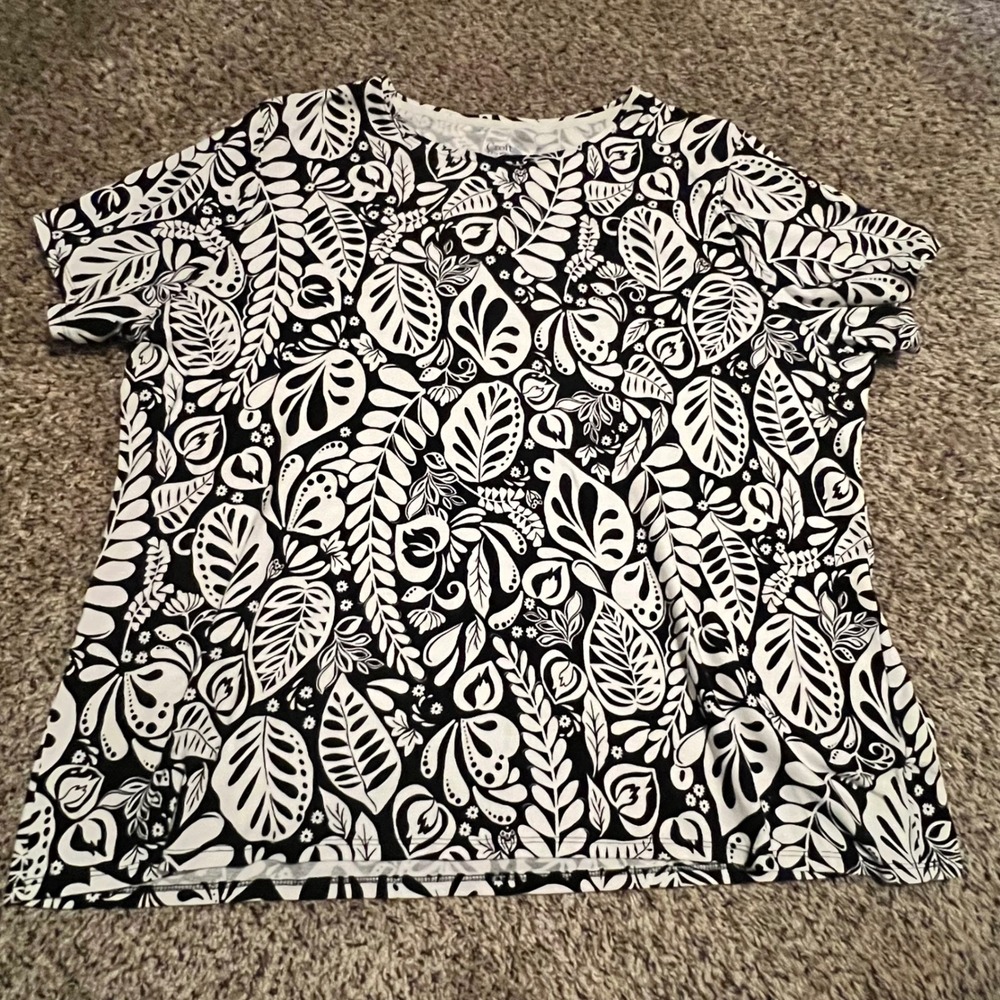 Croft & Barrow Womens 2X Black White Botanical Leaf Print Cotton Classic Tee Top